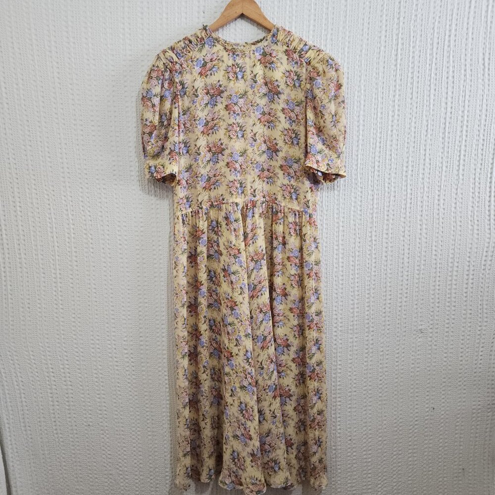 Vintage Leslie Fay Yellow Floral Prairie Cottagecore Midi Dress Size 18 (XL Fit) - Picture 11 of 16